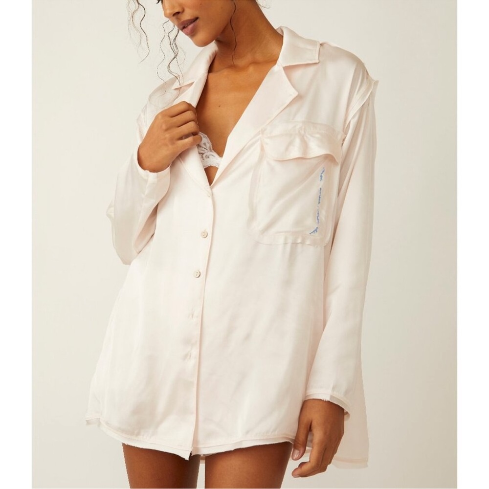 NWT Free People intimately Like Honey Silk Cream Satin Pajama Shirt